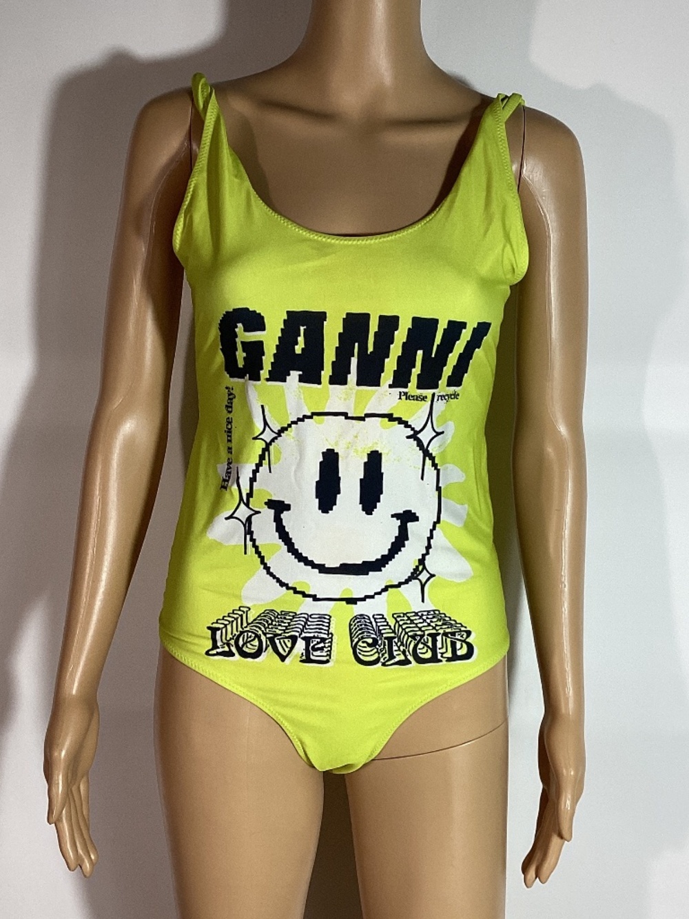 Ganni one piece swimsuit bright yellow Smiley Face Sz 6